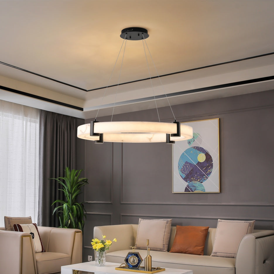 A grand 24-inch round hanging chandelier halo casting an ultra-premium ambient light across a high-end dining table.