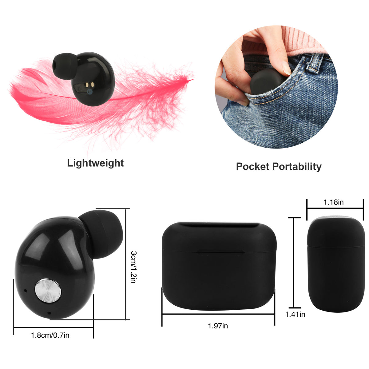 Mini 4g wireless earbud displaying secure in ear tracking stability with earcap selections