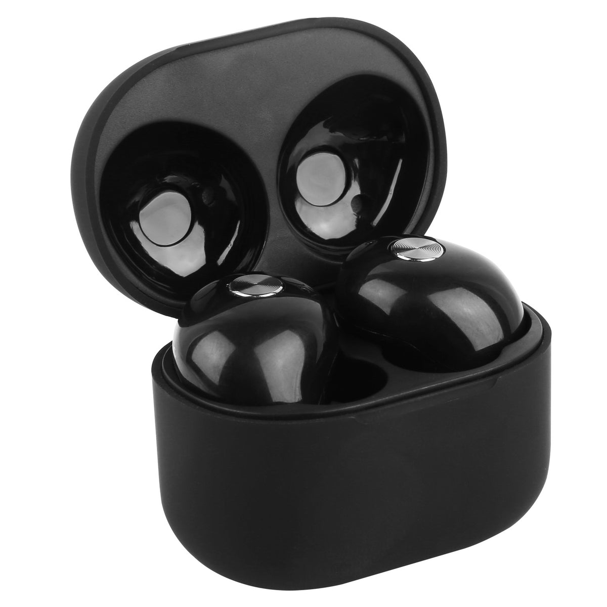 Aero-Pod true wireless stereo earbuds sitting inside their open magnetic charging case