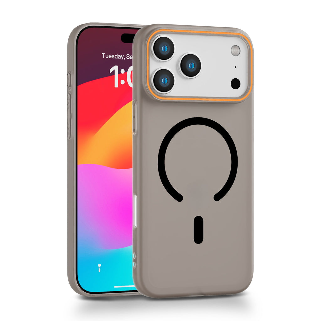 Frosted iPhone 17 case displaying integrated N52 MagSafe magnetic ring wireless charging