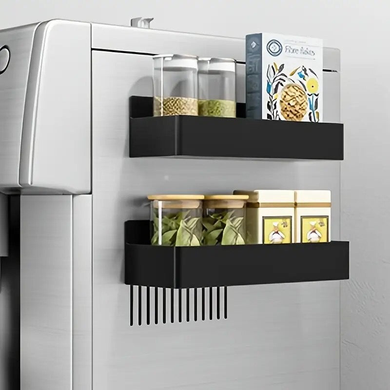 Main Product Image: MagnaSpace 2-piece magnetic fridge spice rack holding assorted condiment bottles on a stainless steel refrigerator.