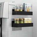 Main Product Image: MagnaSpace 2-piece magnetic fridge spice rack holding assorted condiment bottles on a stainless steel refrigerator.