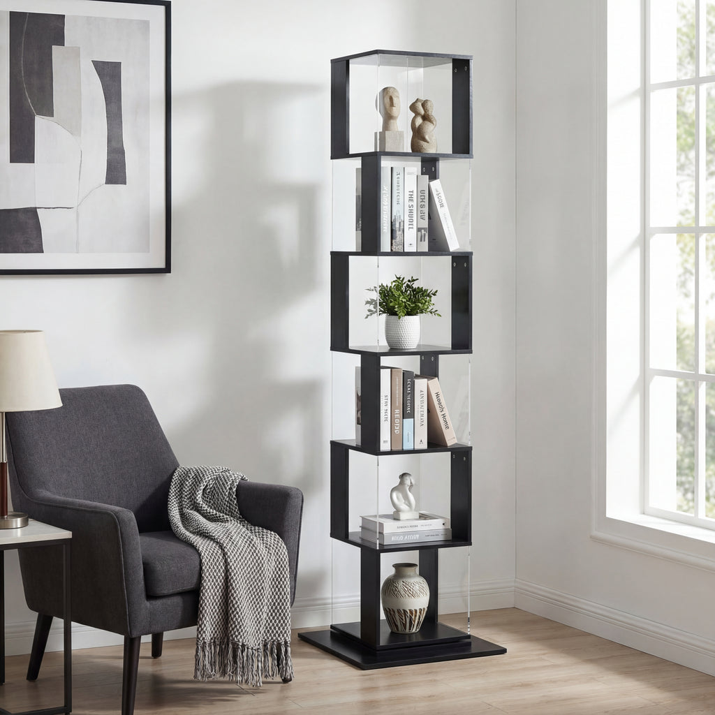 AeroSpin 6 tier 360 rotating bookshelf in black spinning seamlessly in a bedroom corner.