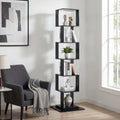 AeroSpin 6 tier 360 rotating bookshelf in black spinning seamlessly in a bedroom corner.