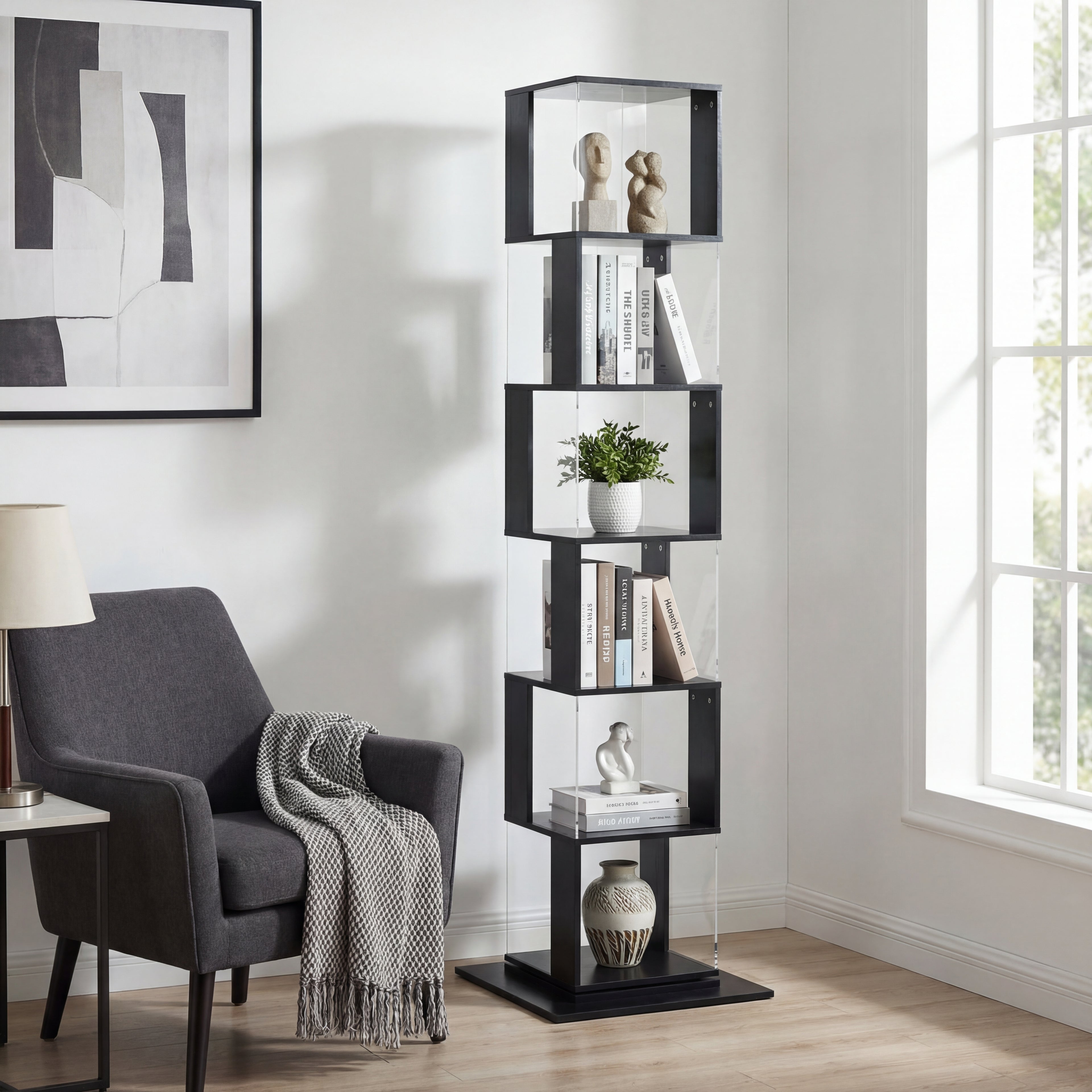 AeroSpin 6 tier 360 rotating bookshelf in black spinning seamlessly in a bedroom corner.