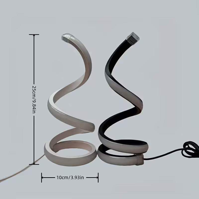 Coordinated pair of creative spiral lamps styling a modern living room entryway console.