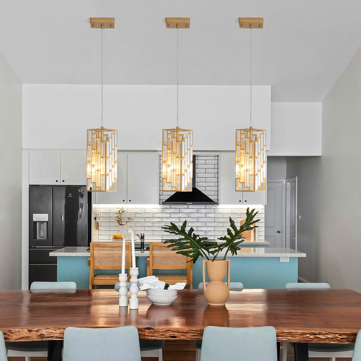 SmartCraft Studios luxury modern crystal pendant light 3-pack showcasing a polished, brilliant golden finish frame.