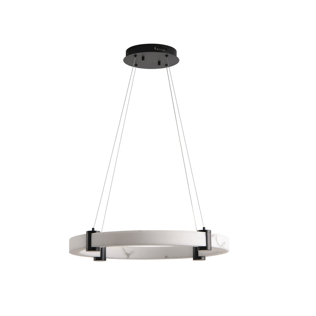 Architectural kitchen island space perfectly anchored by an upscale minimalist modern LED pendant light ring fixture.