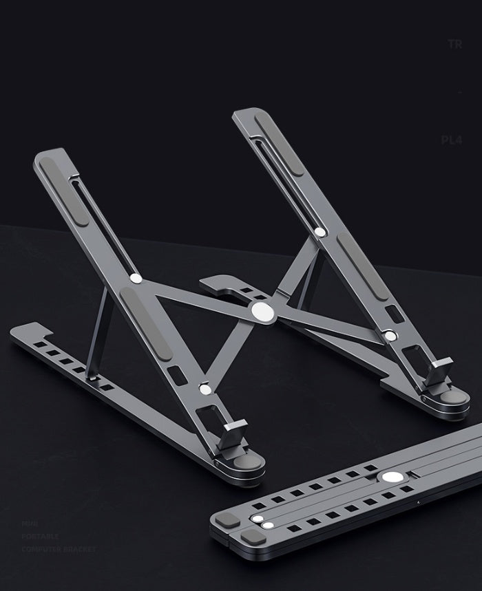 Small 170g portable metal stand supporting an iPad tablet and compact notebook