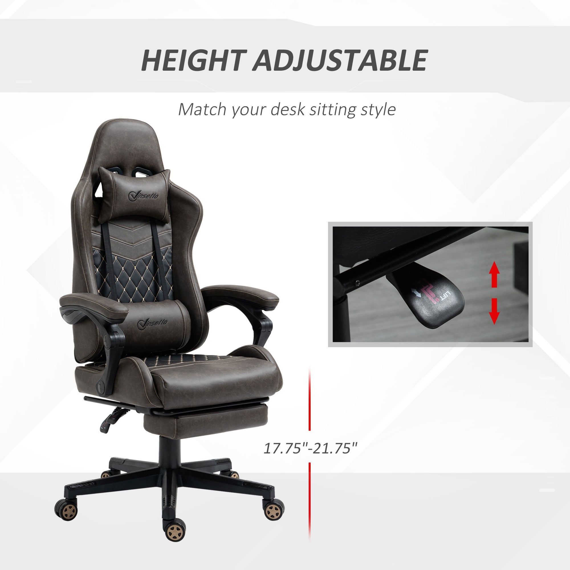 Removable thick padded headrest and lumbar support pillows arranged on the ergonomic racing chair.