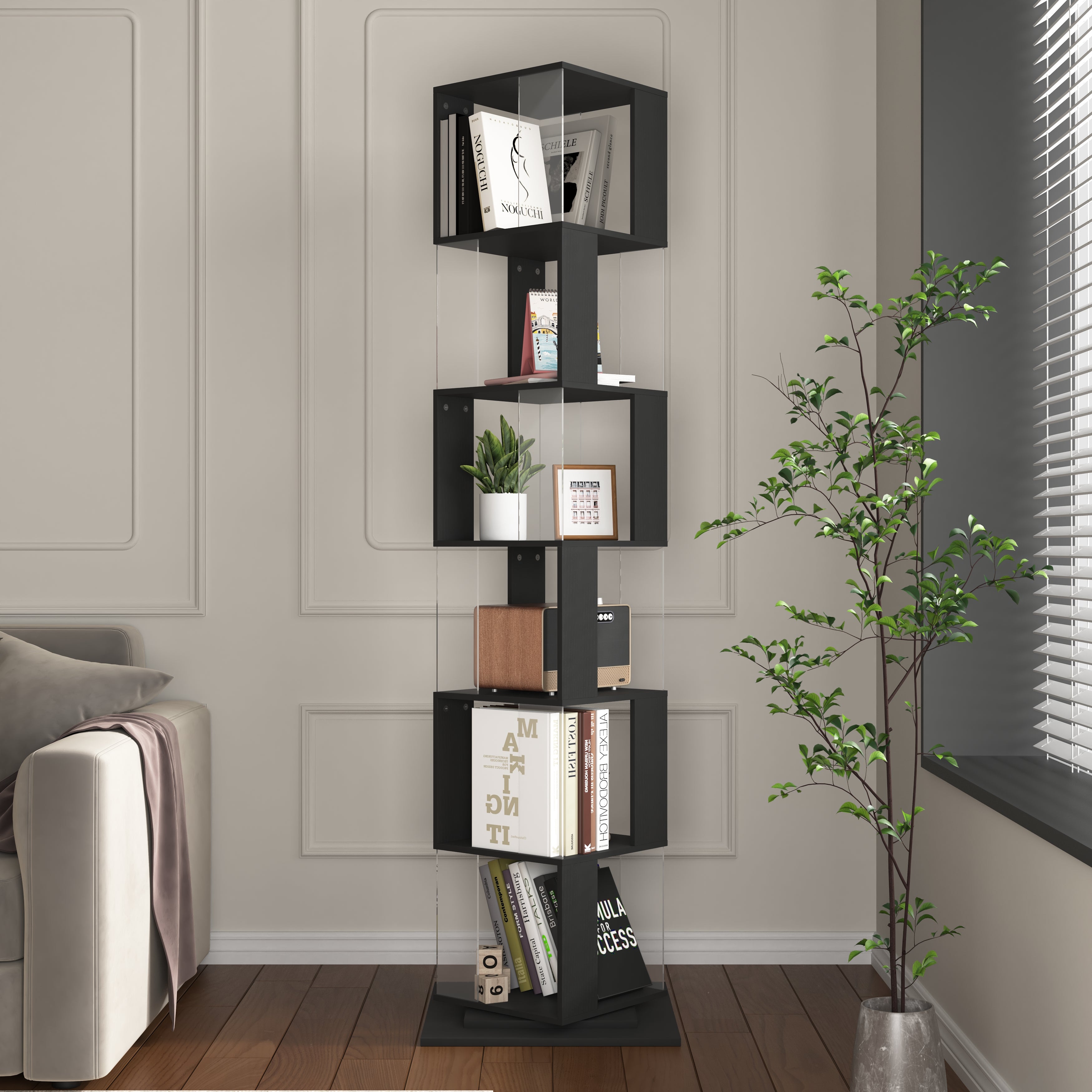 AeroSpin vertical space saving bookshelf organizing novels and plants in a home office.