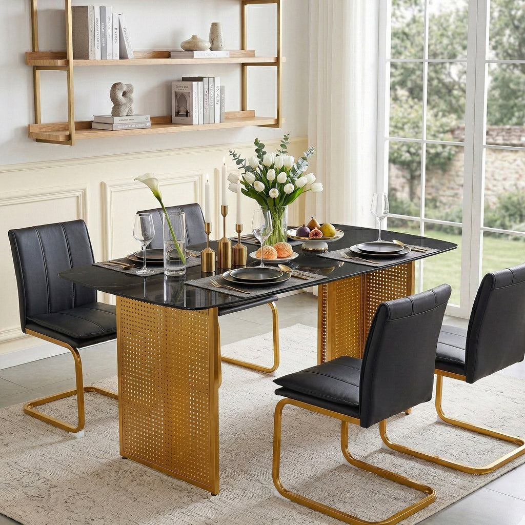 AeroAura glass dining table for 6 with black marble pattern and gold legs styled in a modern living room.