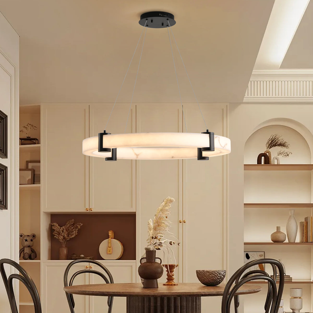 Striking 24-inch round hanging chandelier highlighting a marble finish resin ring ceiling light in a modern home 2