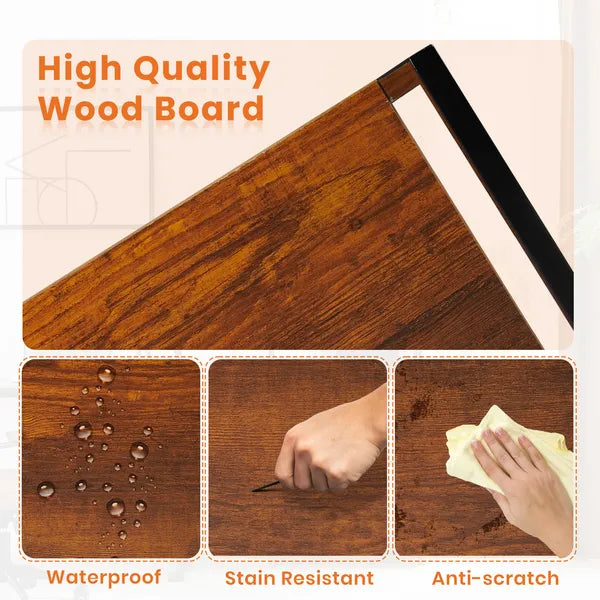 Close-up of the waterproof and anti-scratch wood grain shelf on the tall metal bookcase.
