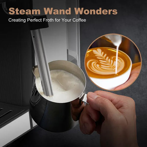 Sleek steam wand on the compact Geek Chef latte machine frothing milk in a pitcher.