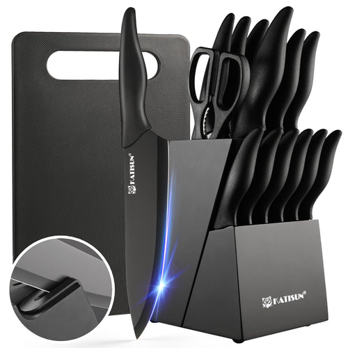 Main Product Image: ApexEdge 16 piece German stainless steel knife set arranged in a black block with the cutting board behind it.