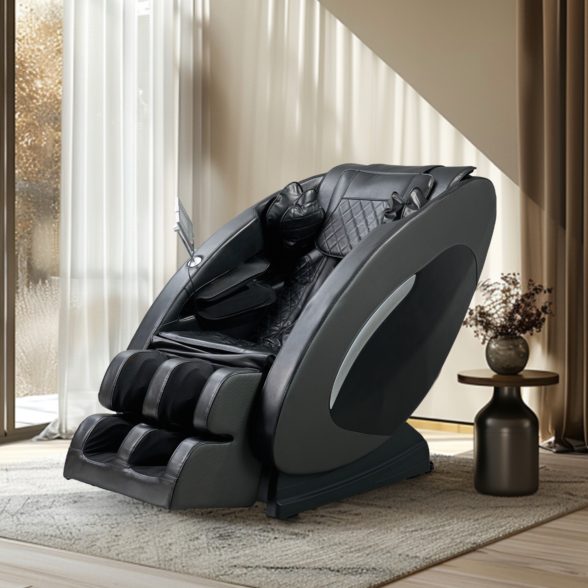 Immersive surround sound Bluetooth speakers built into the headrest of the black SL-track recliner.