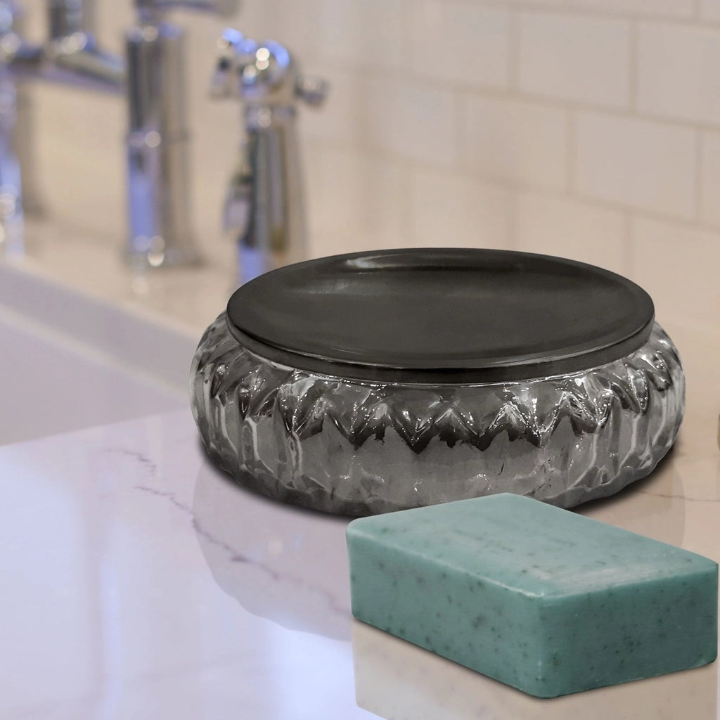 Obsidian smoked glass soap dish for bathroom counter display holding a textured soap bar
