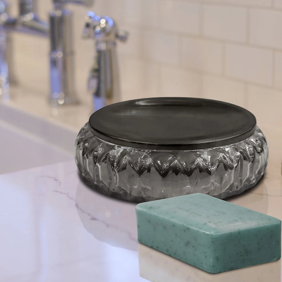 Obsidian smoked glass soap dish for bathroom counter display holding a textured soap bar