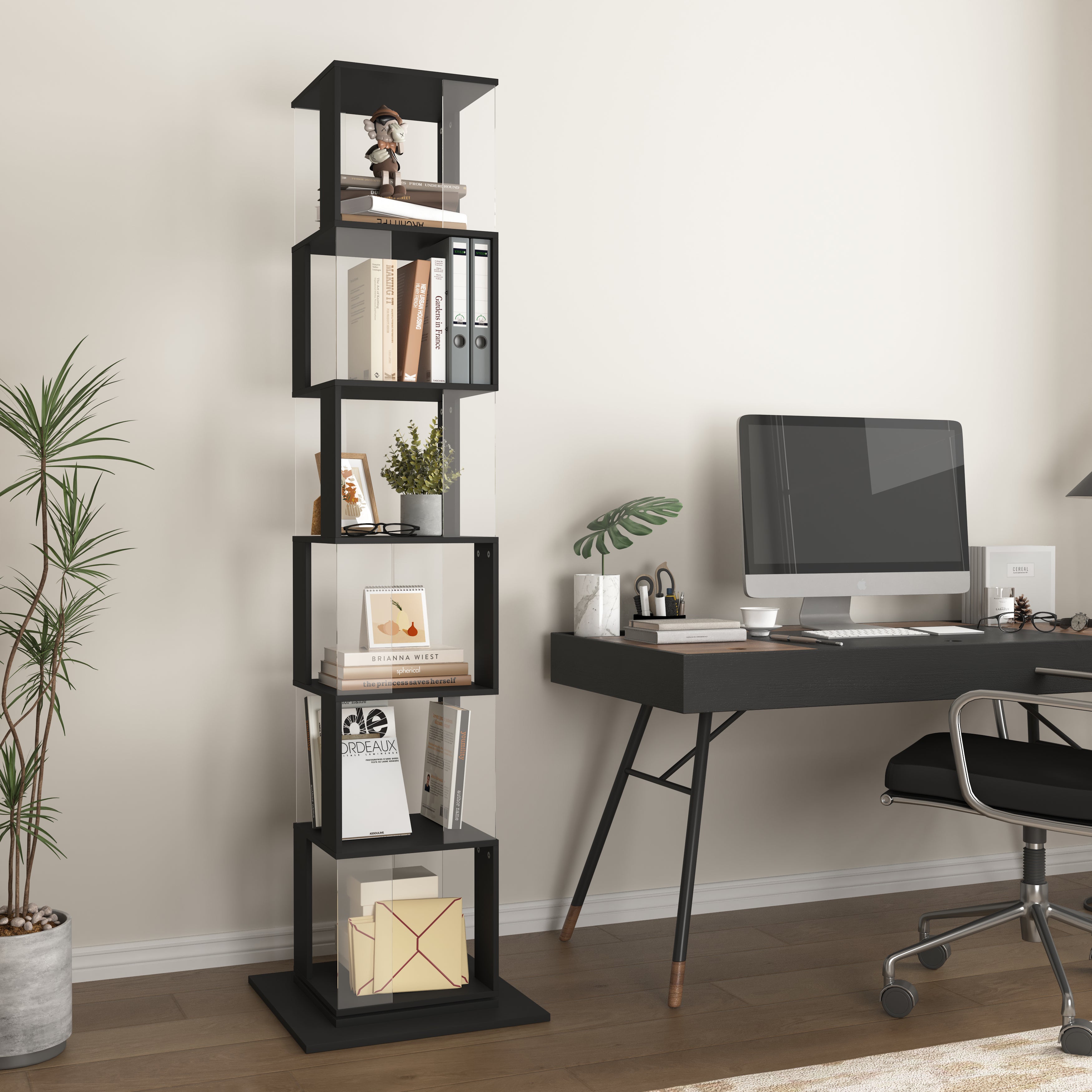 Black wood grain veneer texture on the high quality sheets of the spinning shelf.