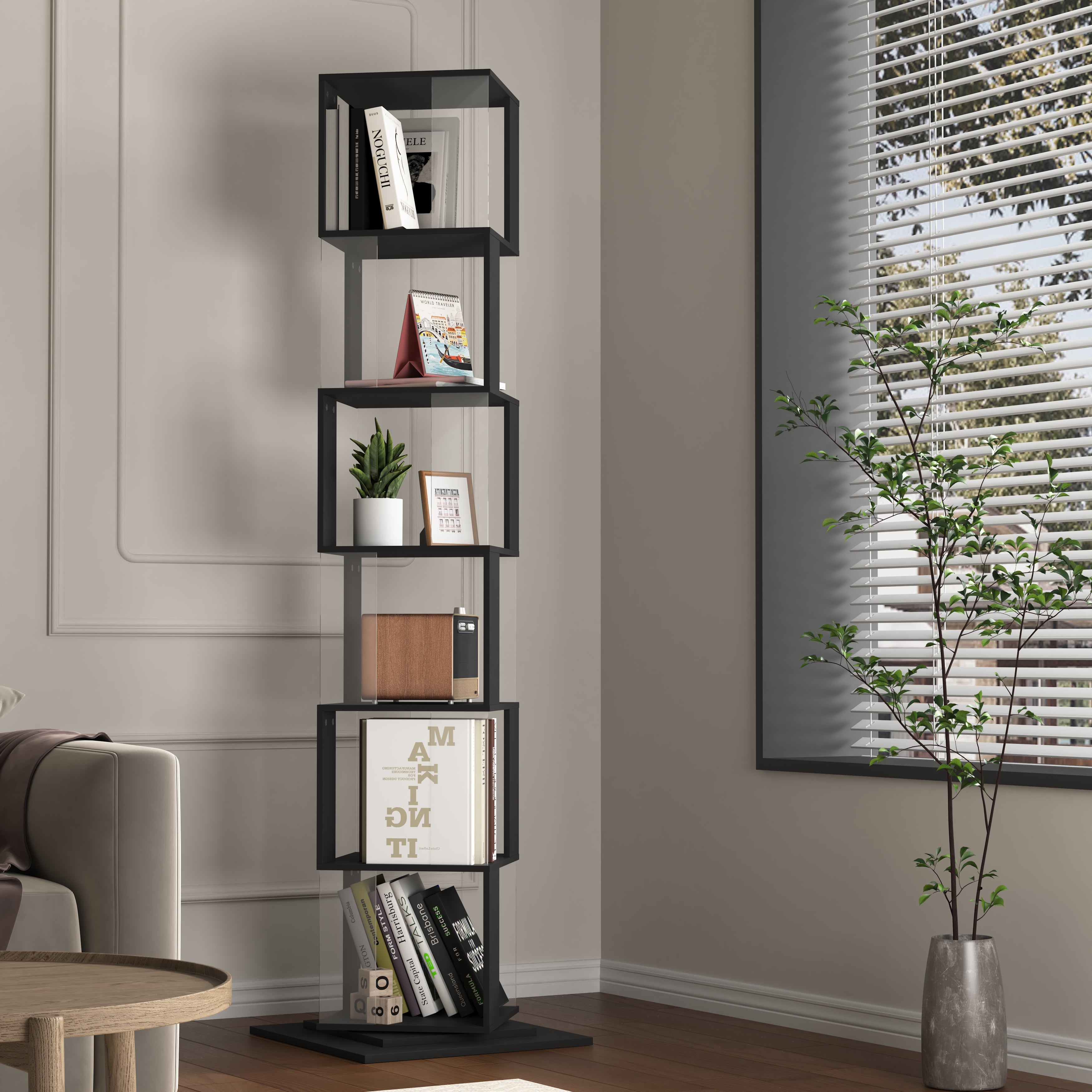 Close-up of the clear acrylic sheets holding books on the tall modern display shelf.
