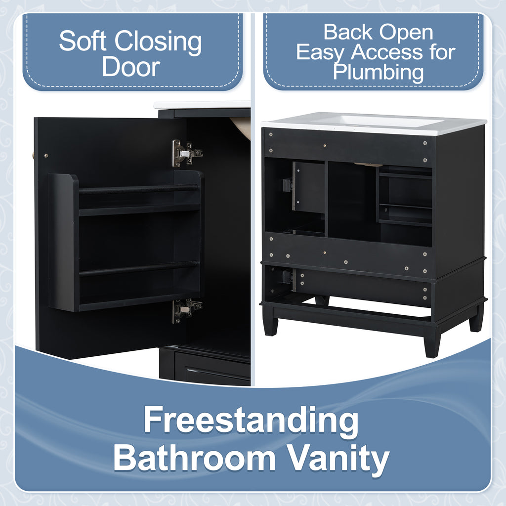 Open cabinet door displaying two tier storage shelf organizer and three independent side drawers