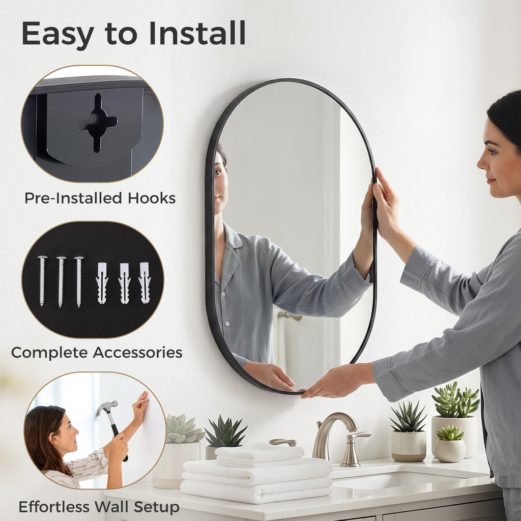 Grand twenty four by forty eight inch gold oval mirror mounted horizontally in a home foyer