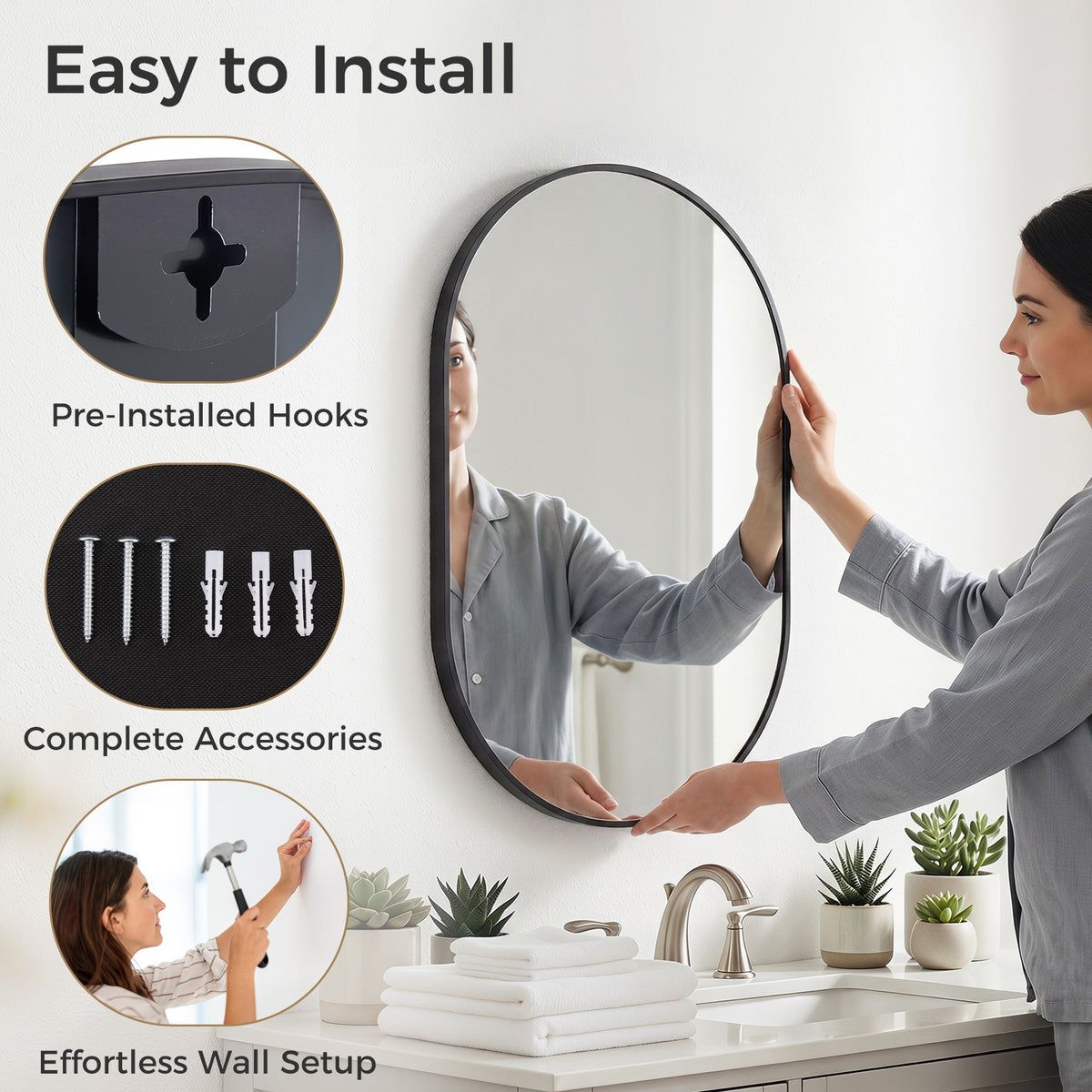 Grand twenty four by forty eight inch gold oval mirror mounted horizontally in a home foyer