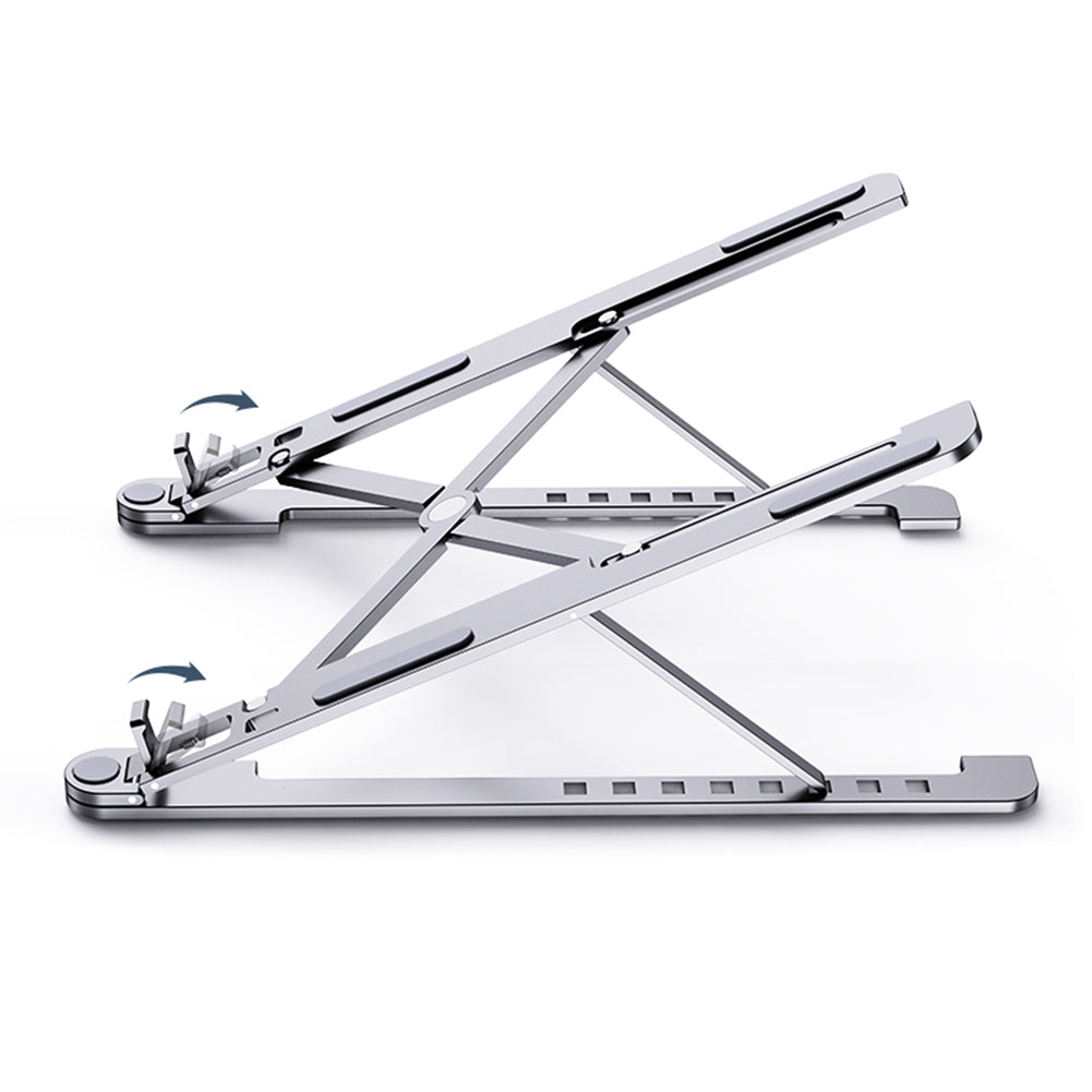 Foldable lightweight aluminum laptop holder being placed inside a travel backpack