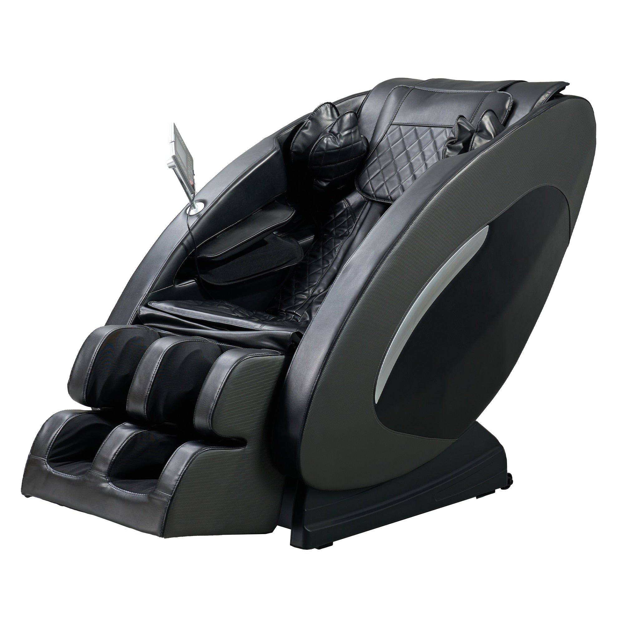 AeroRelax full body zero gravity massage chair in black PU leather fully reclined in a modern living room.