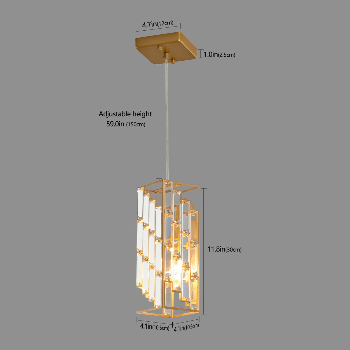 Close-up detail of the heavy E26 socket base and geometric glass prisms on the modern crystal pendant light.