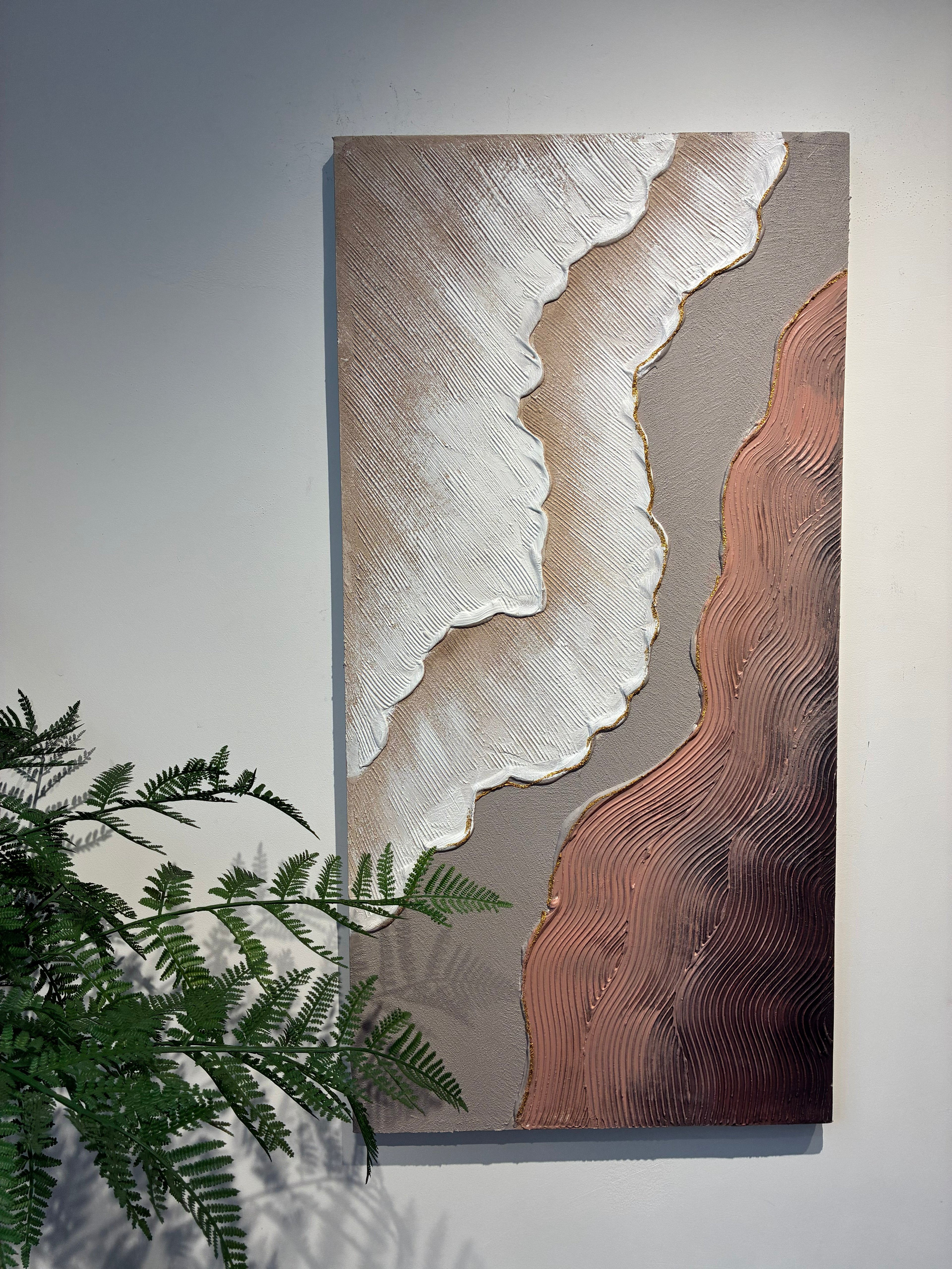 Close-up of the antique white and beige brown layers showcasing the heavy plaster-like texture on the canvas.