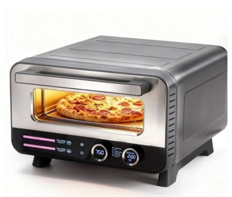 Main Product Image: ProntoCrust indoor electric pizza oven in black baking a fresh 12 inch pizza on a kitchen counter.