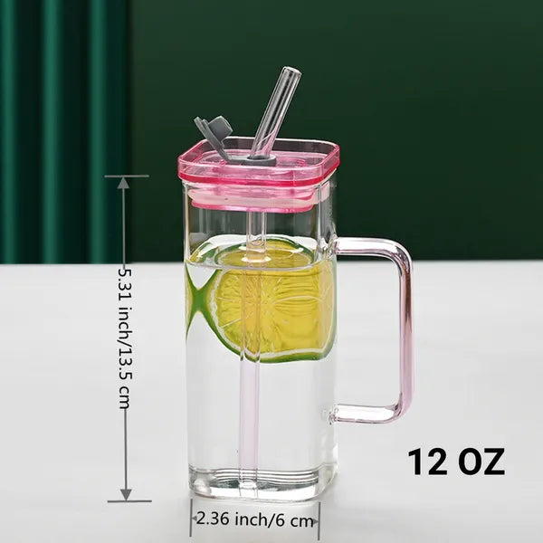 Color Variety View: A line-up of the 6 colors square glass cup with straw and lid variants holding iced coffee and juice.