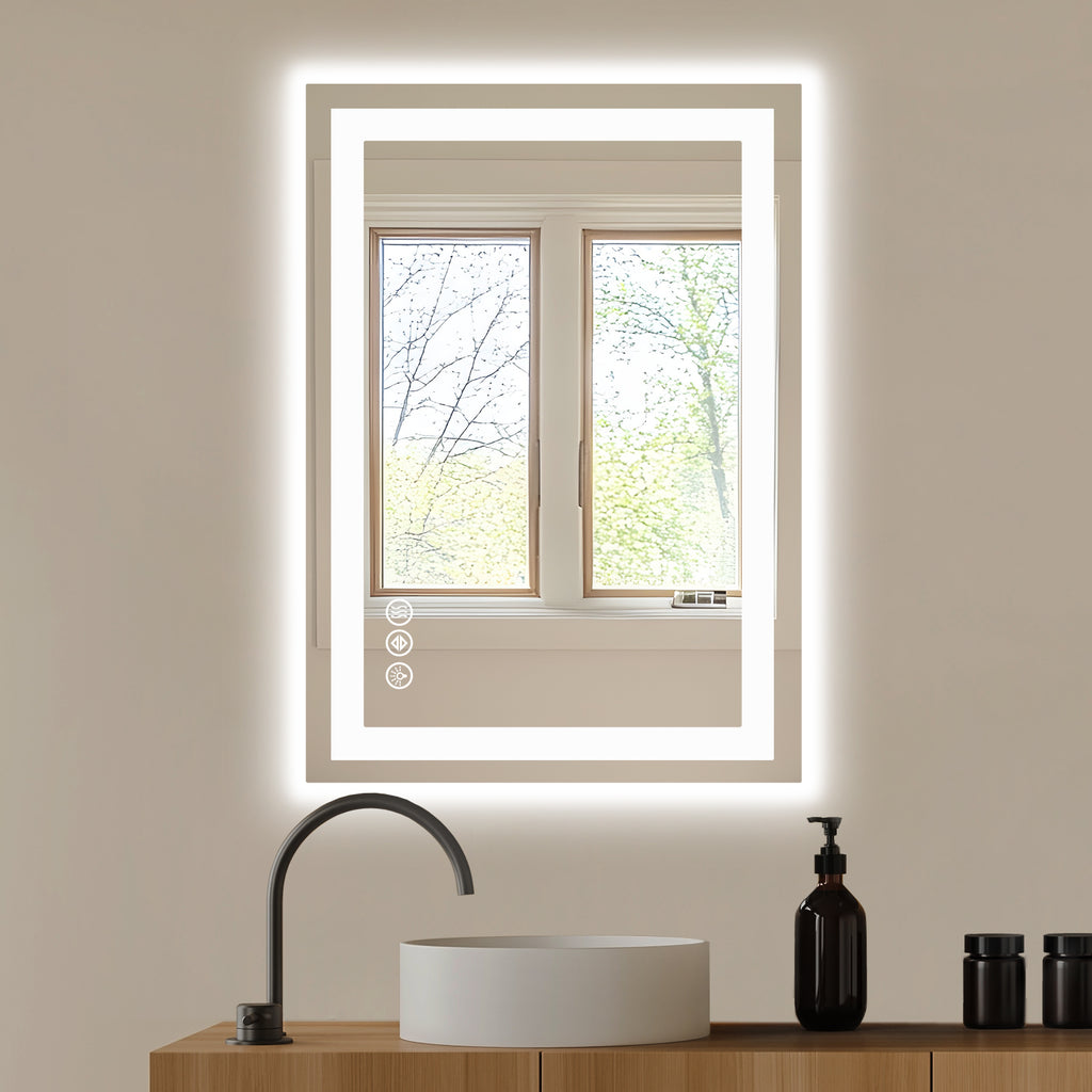 Lumina intelligent anti fog led bathroom mirror fully illuminated over a master vanity