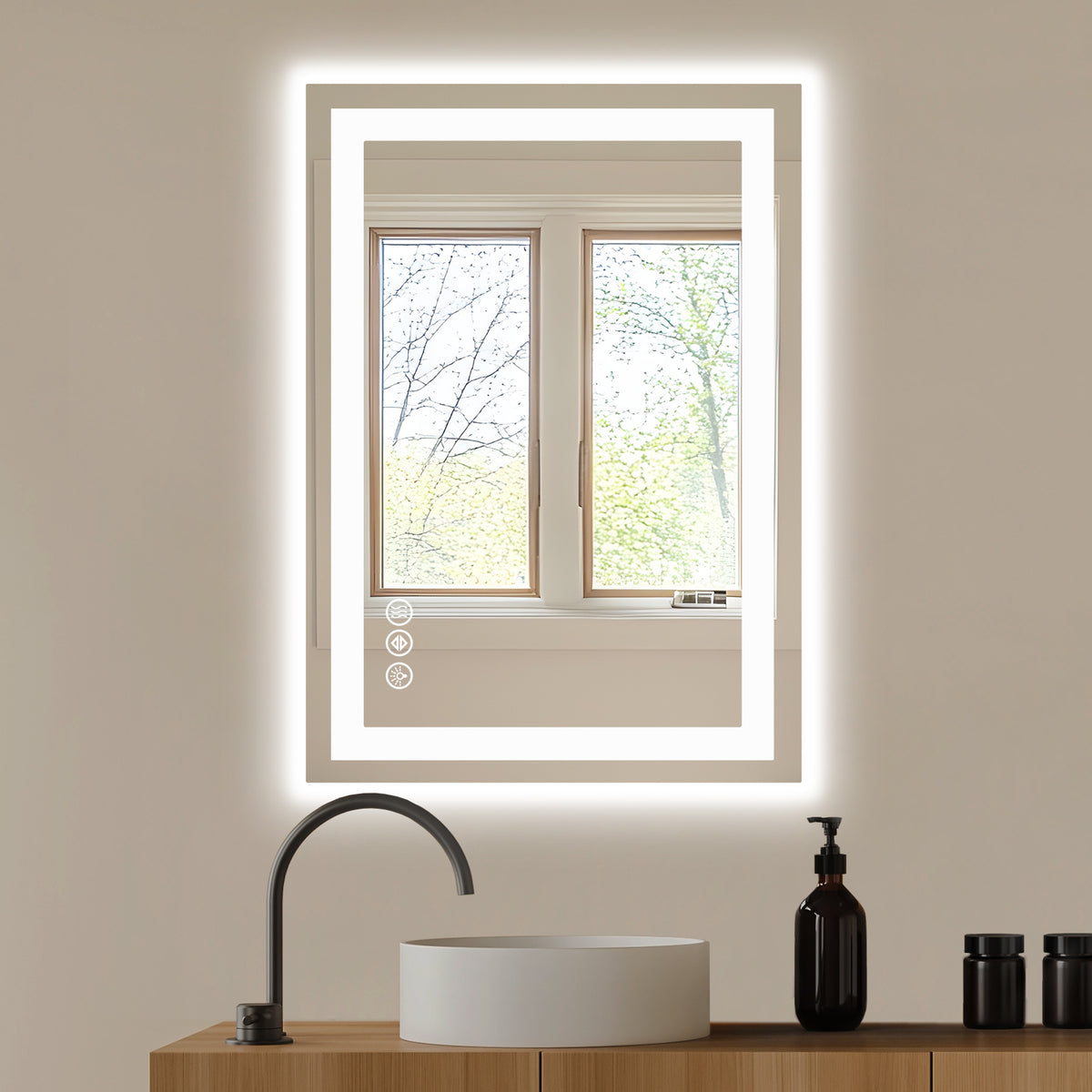 Lumina intelligent anti fog led bathroom mirror fully illuminated over a master vanity