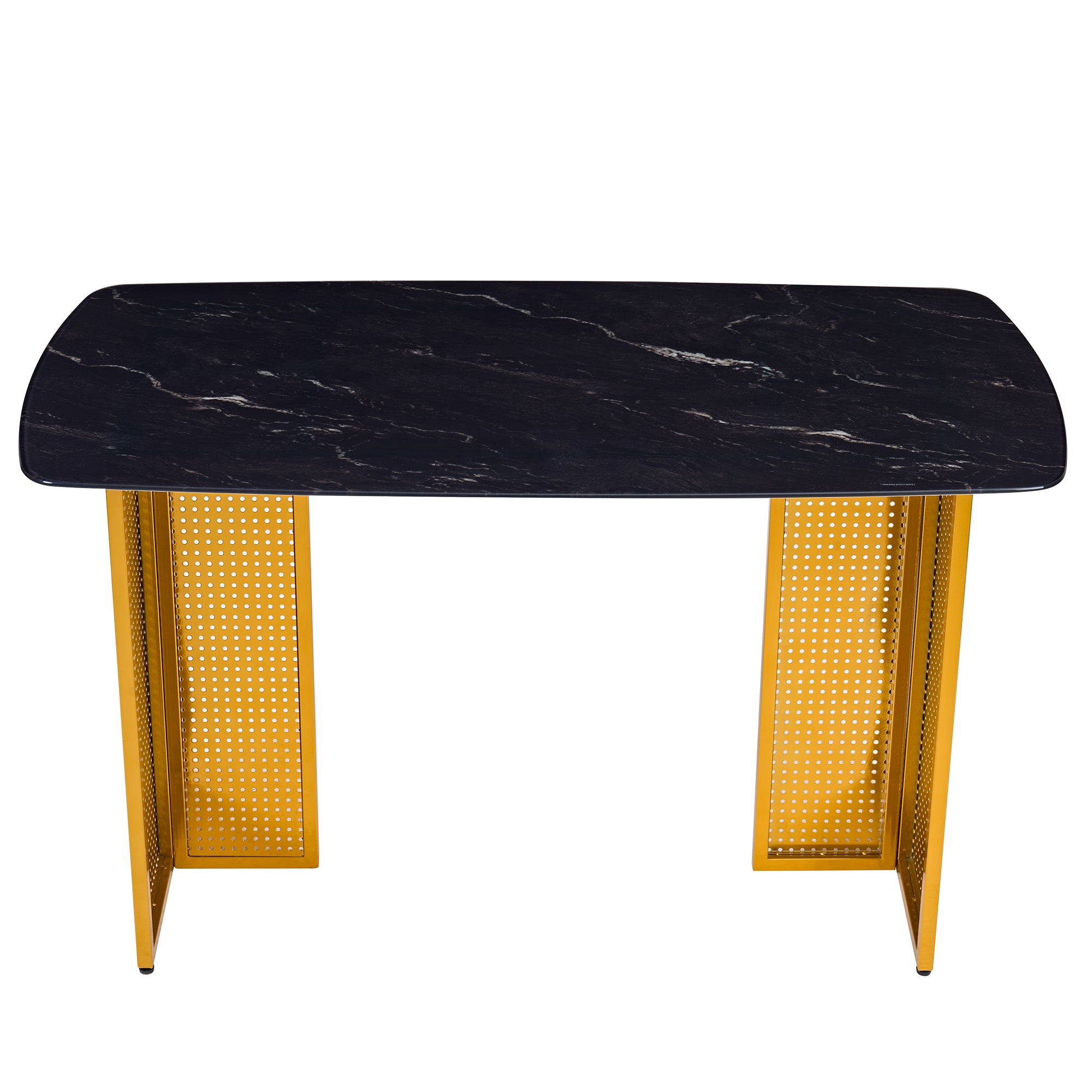 High-angle view showing six modern minimalist chairs arranged around the black glass dining table.