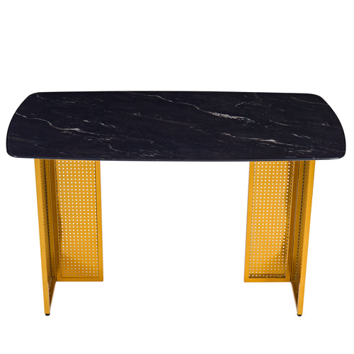 High-angle view showing six modern minimalist chairs arranged around the black glass dining table.