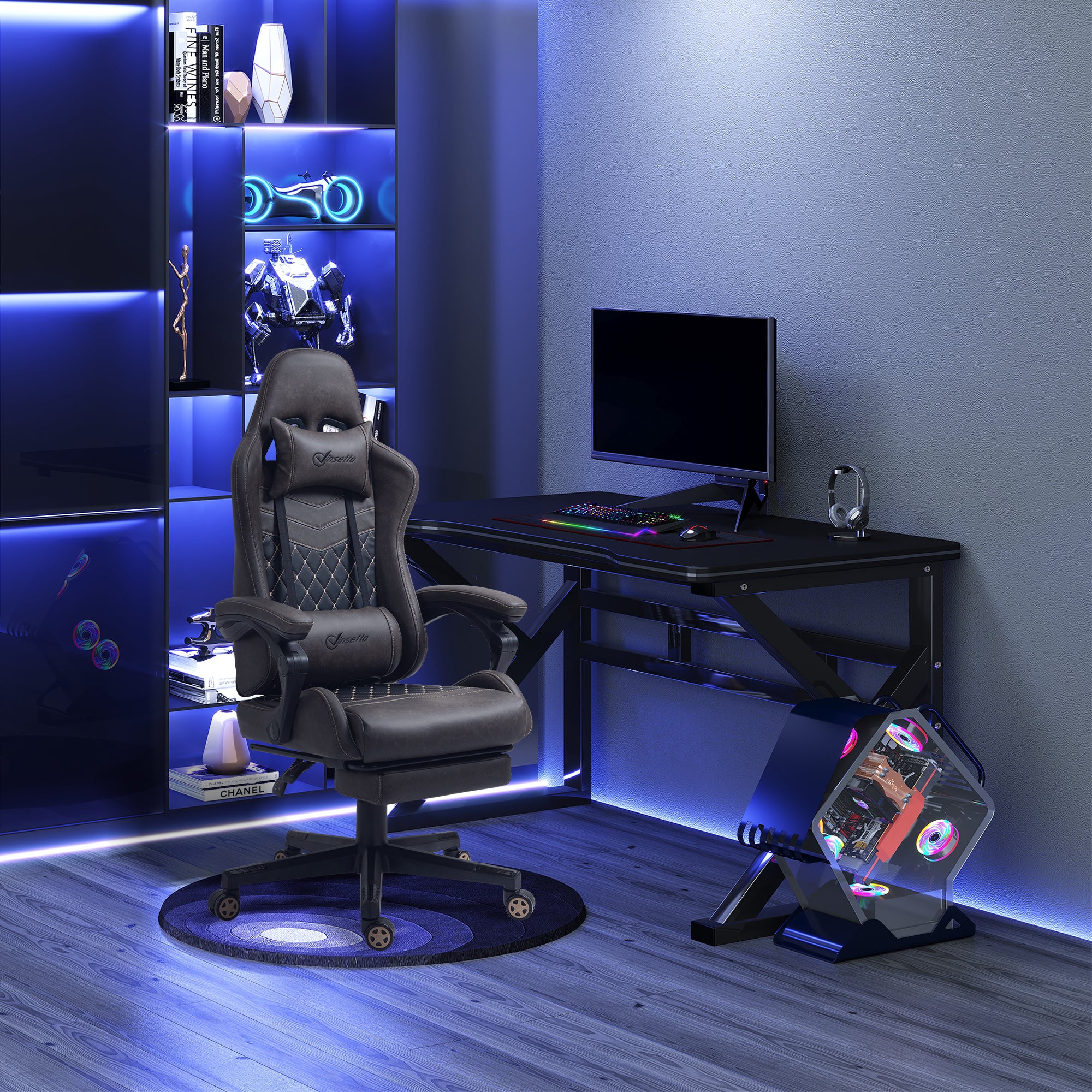 AeroThrone high back gaming chair with footrest in brown diamond PU leather in a home office.