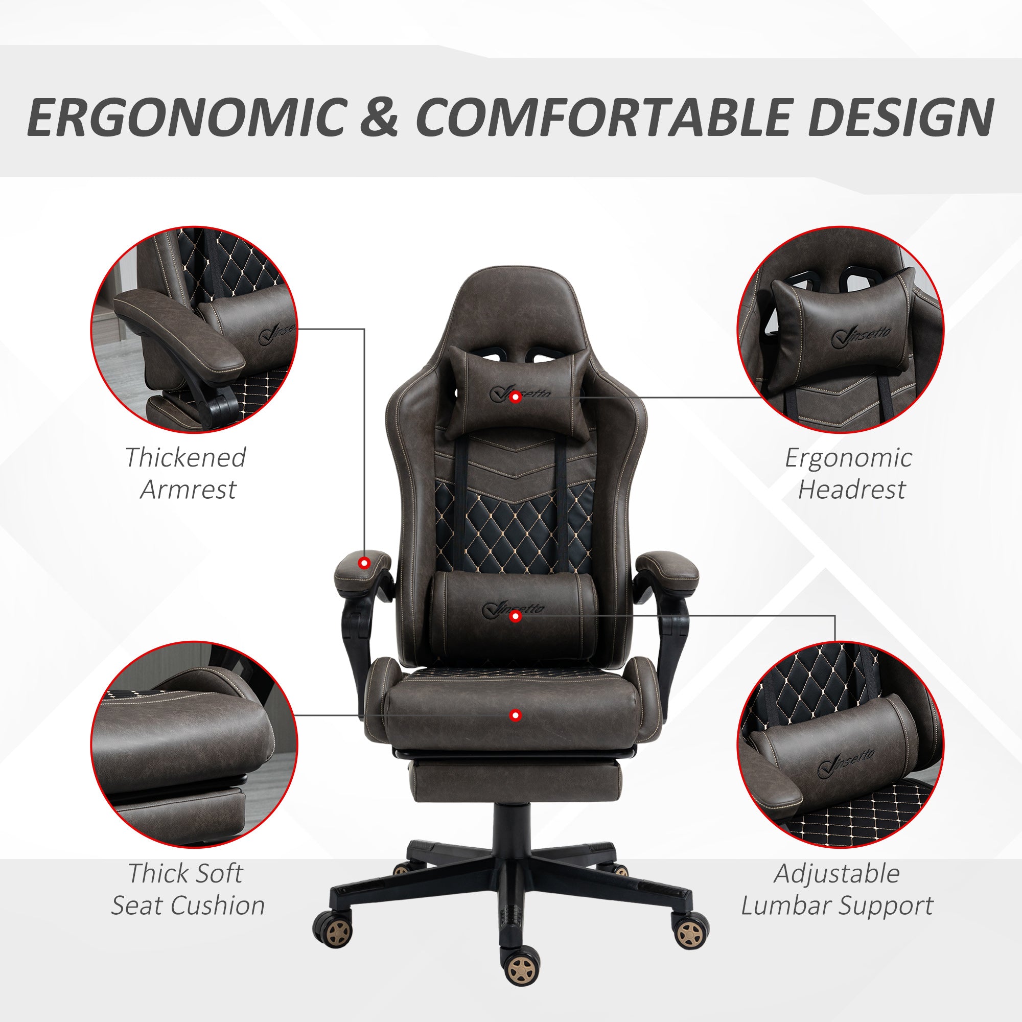 Close-up of the premium diamond stitched pattern on the brown faux leather gamer chair.