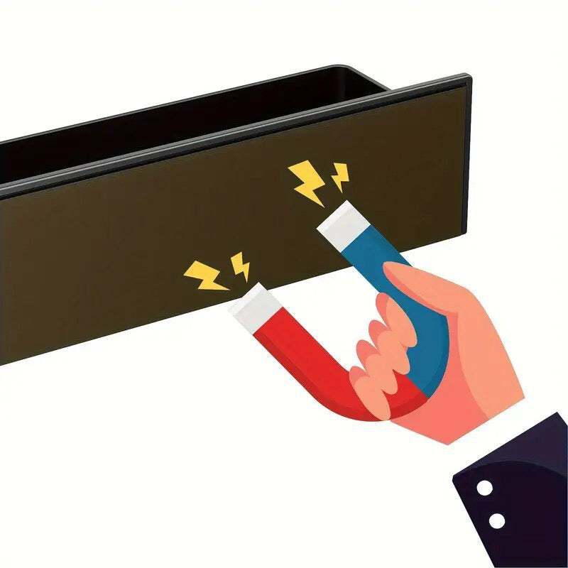 Detail View: The smooth plastic finish and strong magnetic back of the MagnaSpace drill-free wall rack.