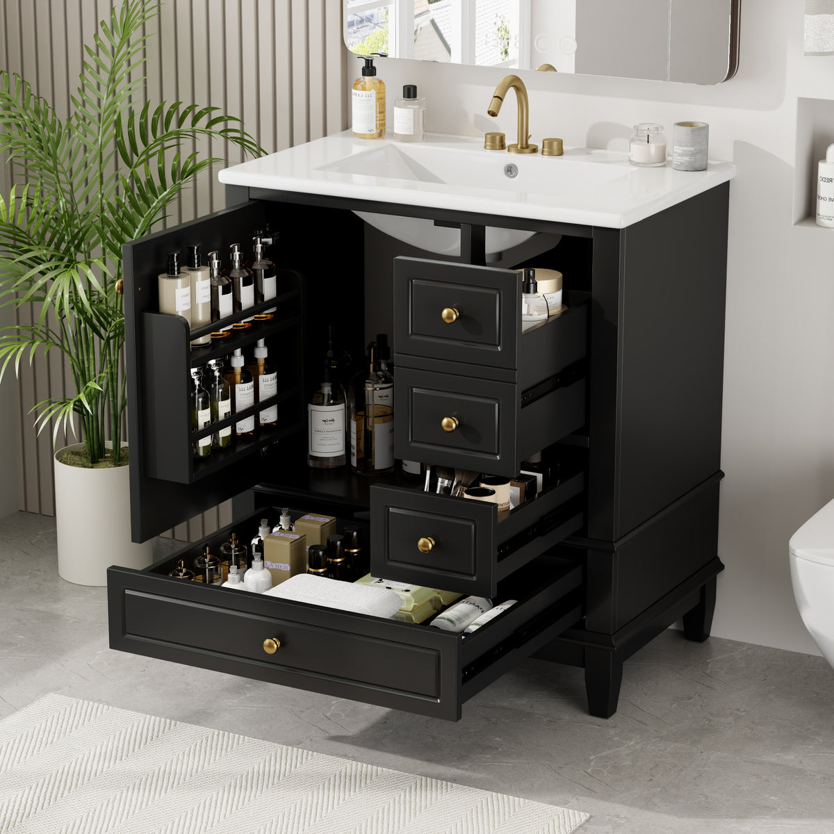 Nero thirty inch freestanding bathroom vanity with sink in matte black and gold hardware