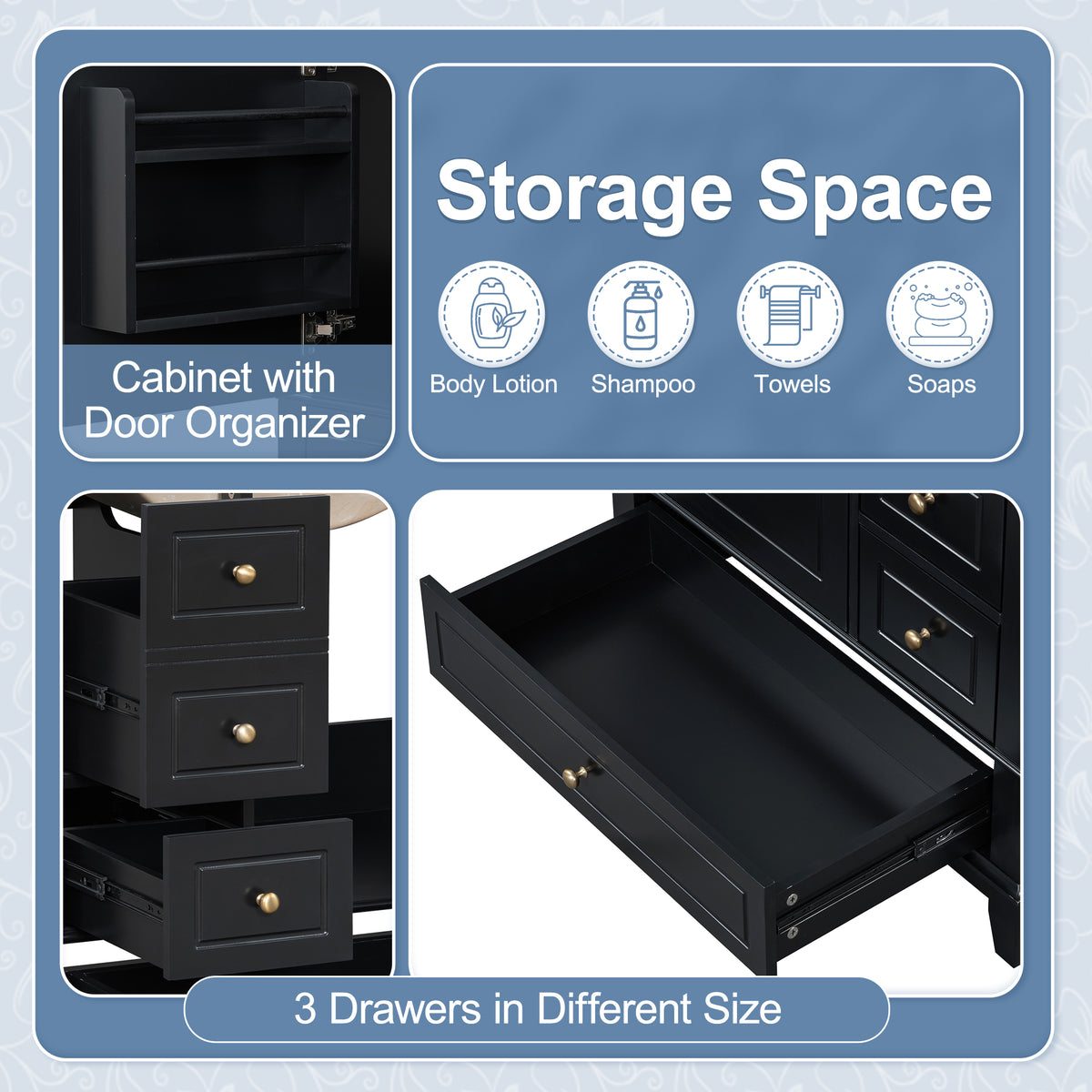 Rear view of the freestanding black vanity frame showing easy open access for wall plumbing