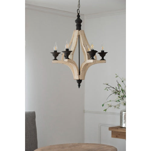 SmartCraft Studios cream-toned 6-light wood chandelier accented with premium matte black iron fixtures.