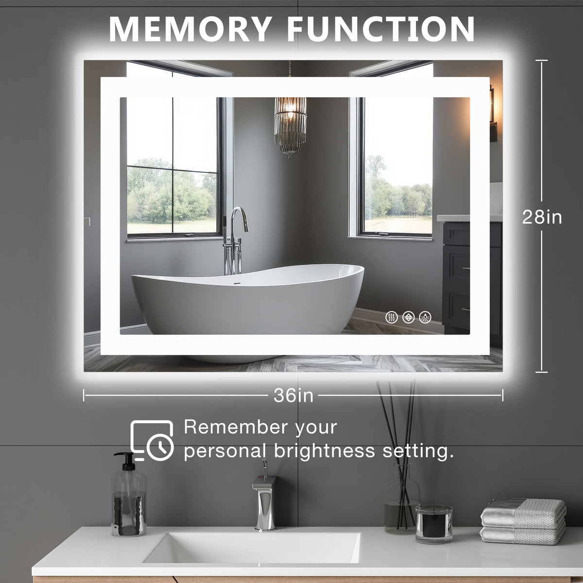 Smart mirror displaying simultaneous backlit ambient glow and crisp front lit task lighting