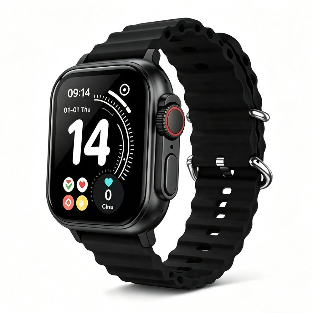 Seven interchangeable silicone woven and metal watch straps arrayed in different colors