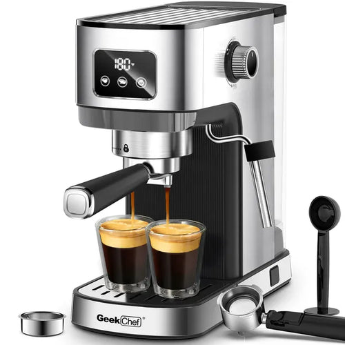  Geek Chef espresso machine with milk frother in stainless steel on a kitchen counter.