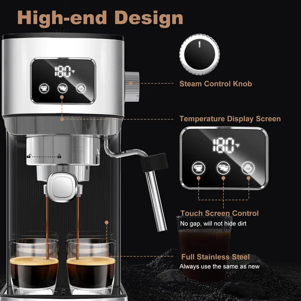  Geek Chef espresso maker portafilter showing the dual ground coffee and ESE pod filter basket.