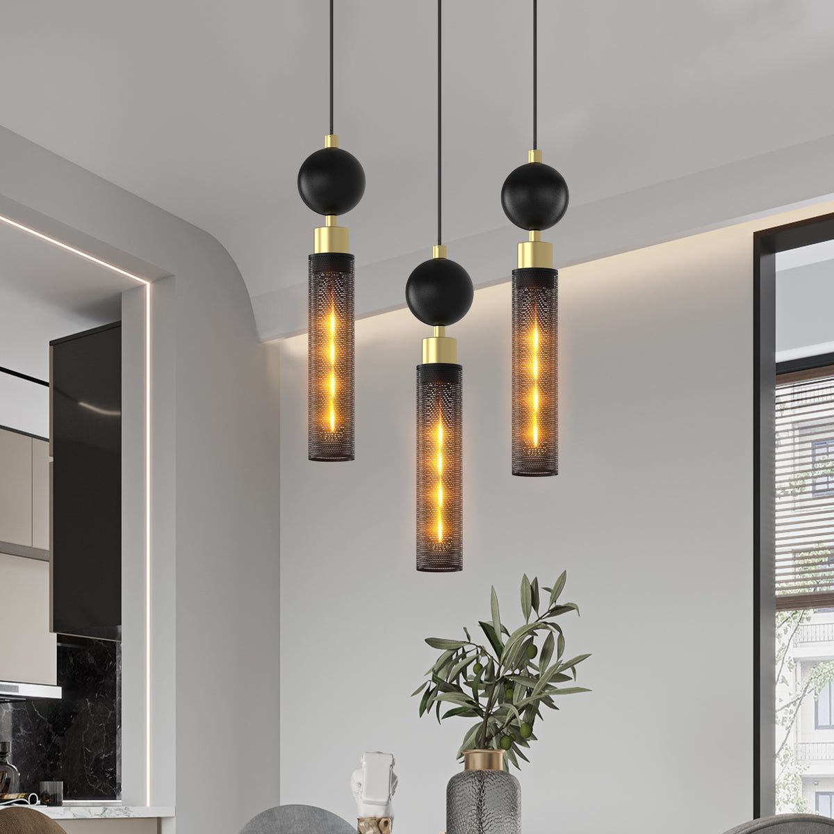 SmartCraft Studios matte trio black wrought iron pendant light system featuring sleek industrial metal cylinder shades.