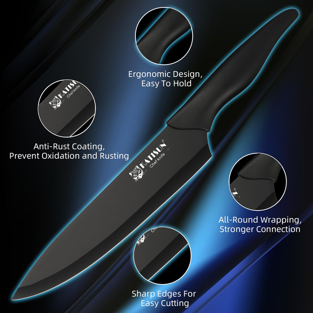 Dining View: Six matching steak knives from the premium German stainless steel knife set set on a dinner table.